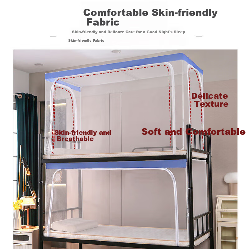 AVIVI Student Mosquito Net Dormitory, Enclosed Mosquito Net Single Opening Door, 0.9 Meter, Blue Eyebrow [Baked Paint Frame, Lower Bunk]