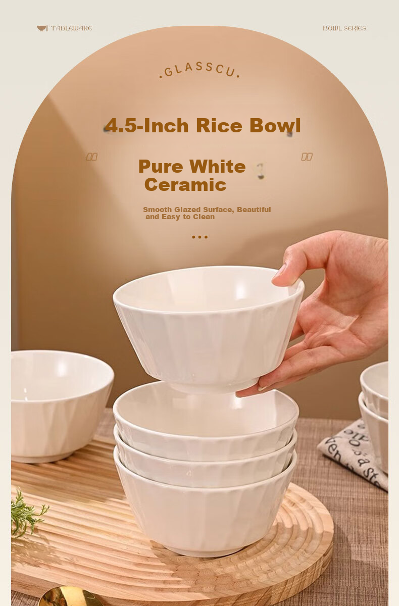 JIWUSENLIN Ceramic Bowl And Plate Set for Home Use, Pure White Simple Design Rice Bowl Soup Bowl Noodle Bowl, 4.5 Inches, Set of 6 1