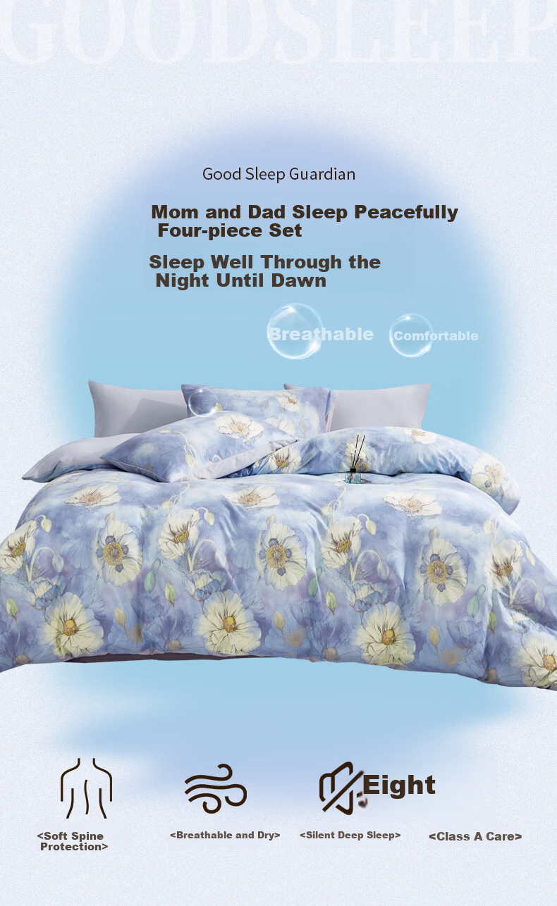 Hengyuanxiang Pure Cotton Four-Piece Bedding Set, Class A Knitted Nai Tei Mian 100% Cotton Bedding Set, Luofan (Blue), 2*2.3m 2