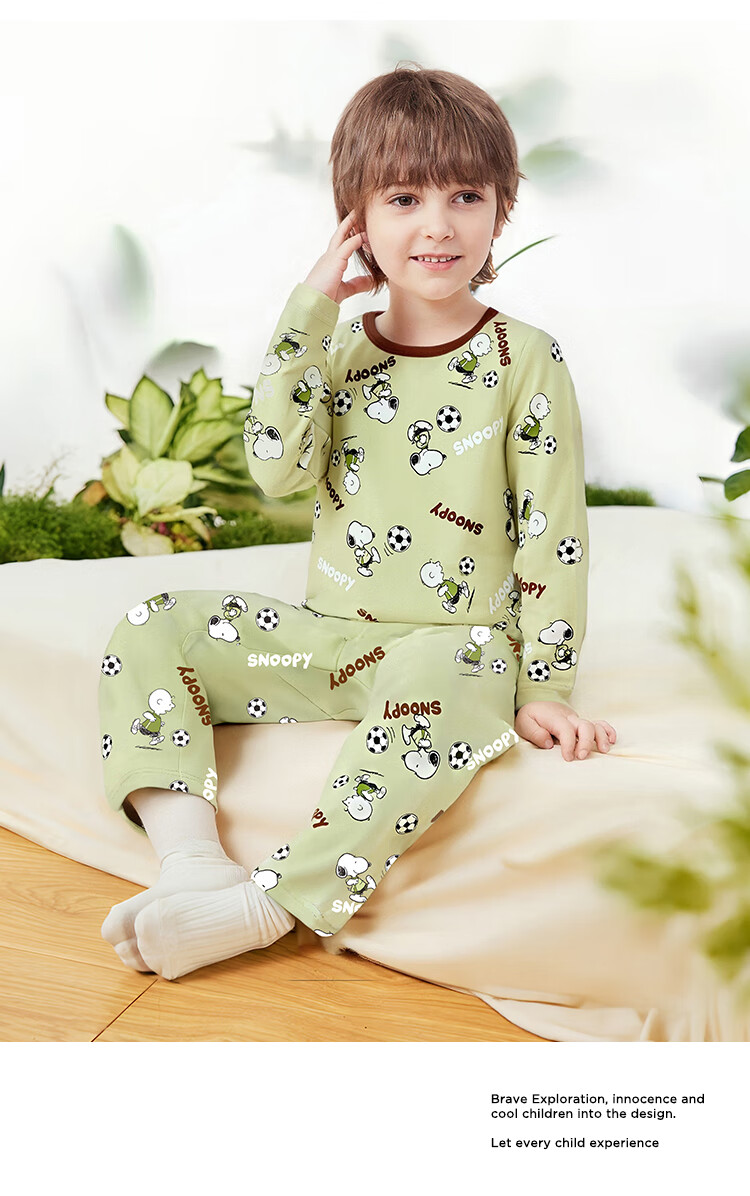 SNOOPY Children's Thermal Underwear Set Boys Autumn Long Johns Baby Pajamas Warm Base Layer Feiyue Football Green 13