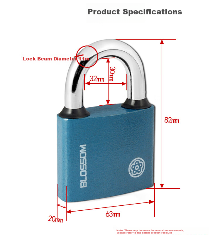 BLOSSOM Padlock, Copper Core Iron Lock, Indoor And Outdoor Gate Warehouse Lock BC2963 Blue 60MM Double Shackle 1