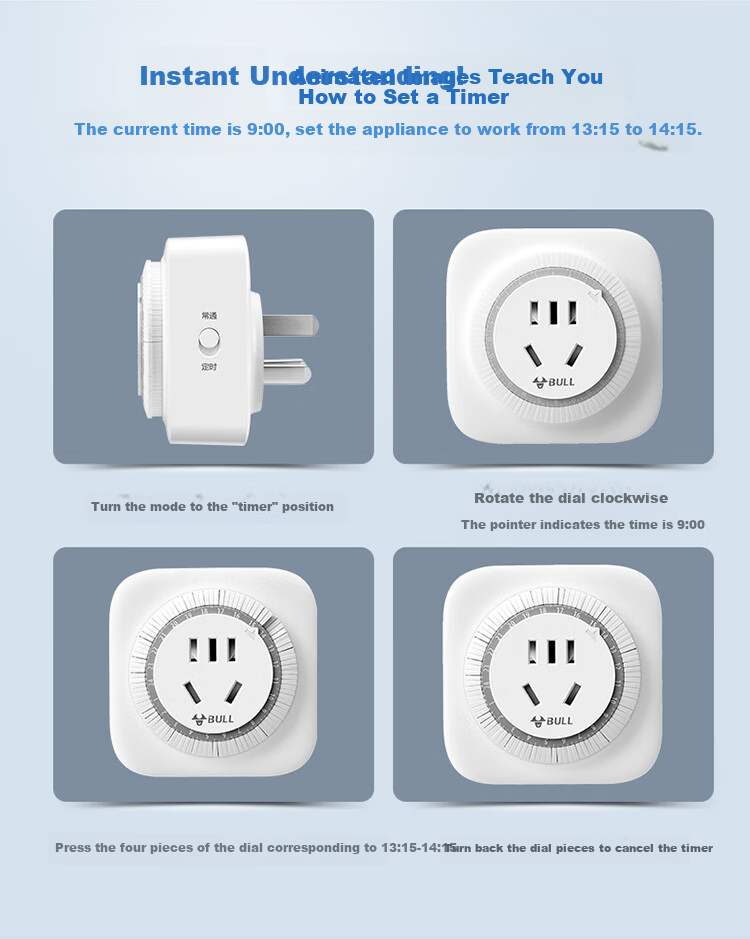BULL 16A High-Power Mechanical Timer Socket/converter, 16A High Power 4000W (Large Hole Adapter for High-Power Plugs), GND-2D 8