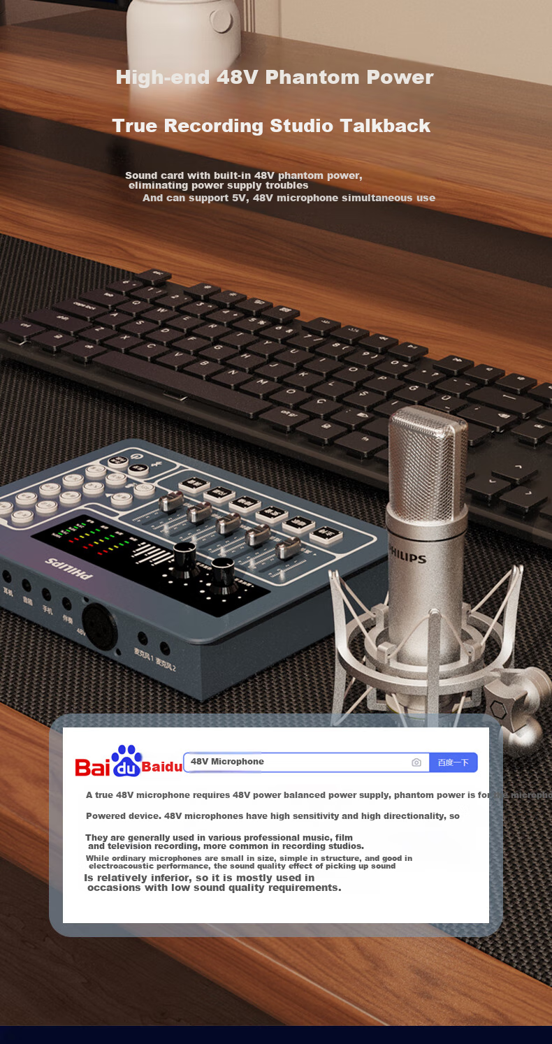 Feilipu Newly Upgraded 48V Mobile Phone And Computer Live Streaming Bluetooth Accompaniment Sound Card Device External Sound Card All-People Karaoke Live Recording DLM9316C Microphone with Dual Card Cable + Stand 9