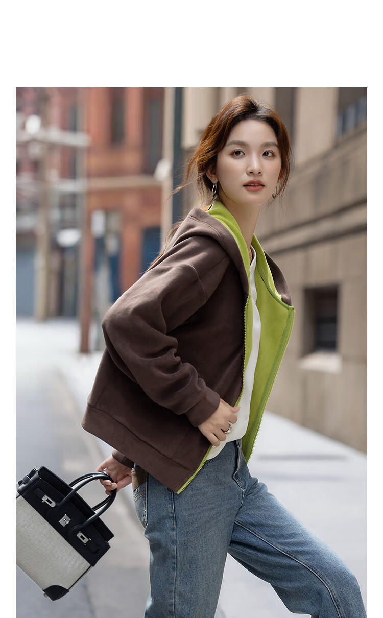 Demana [Warm 460G Double-Sided Fleece] Winter Lightweight Sports Hooded Colorblock Drop Shoulder Pocket Loose Women's Jacket 1