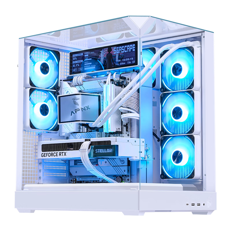 APNX V2 White Desktop Gaming Case with Seaside View, 71L Giant Size, Supports ATX Motherboard, Three-Sided Glass, Quick-Release, Three-Sided 360mm Water Cooling, Standard Configuration with Type-C Port