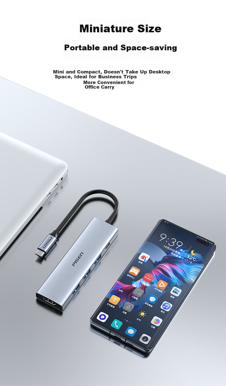 Pisen Type-C Expansion Dock to HDMI Splitter Adapter, 4K 60Hz Converter for Apple Computers, Thunderbolt 4 Interface Converter for Huawei, Xiaomi Laptops, IPad 12