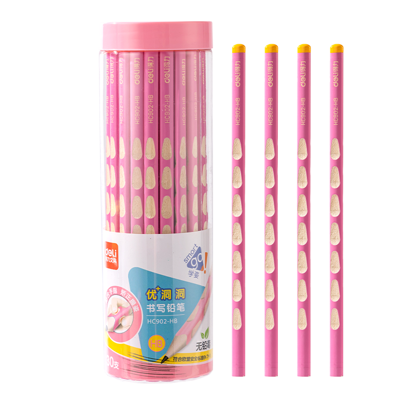 Deli Pink Hole Pencil 30pcs HB Writing Triangular Grip Erasable Children's Posture Correction Student Practice Pen Doodle HC902-HB Back to School Stationery