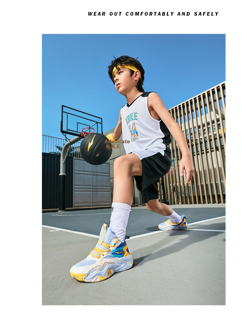 ERKE Children's Basketball Shoes, Spring Boys' Lace-Up Shock-Absorbing Sneakers, Pool Blue/signal Purple, Size 39 27