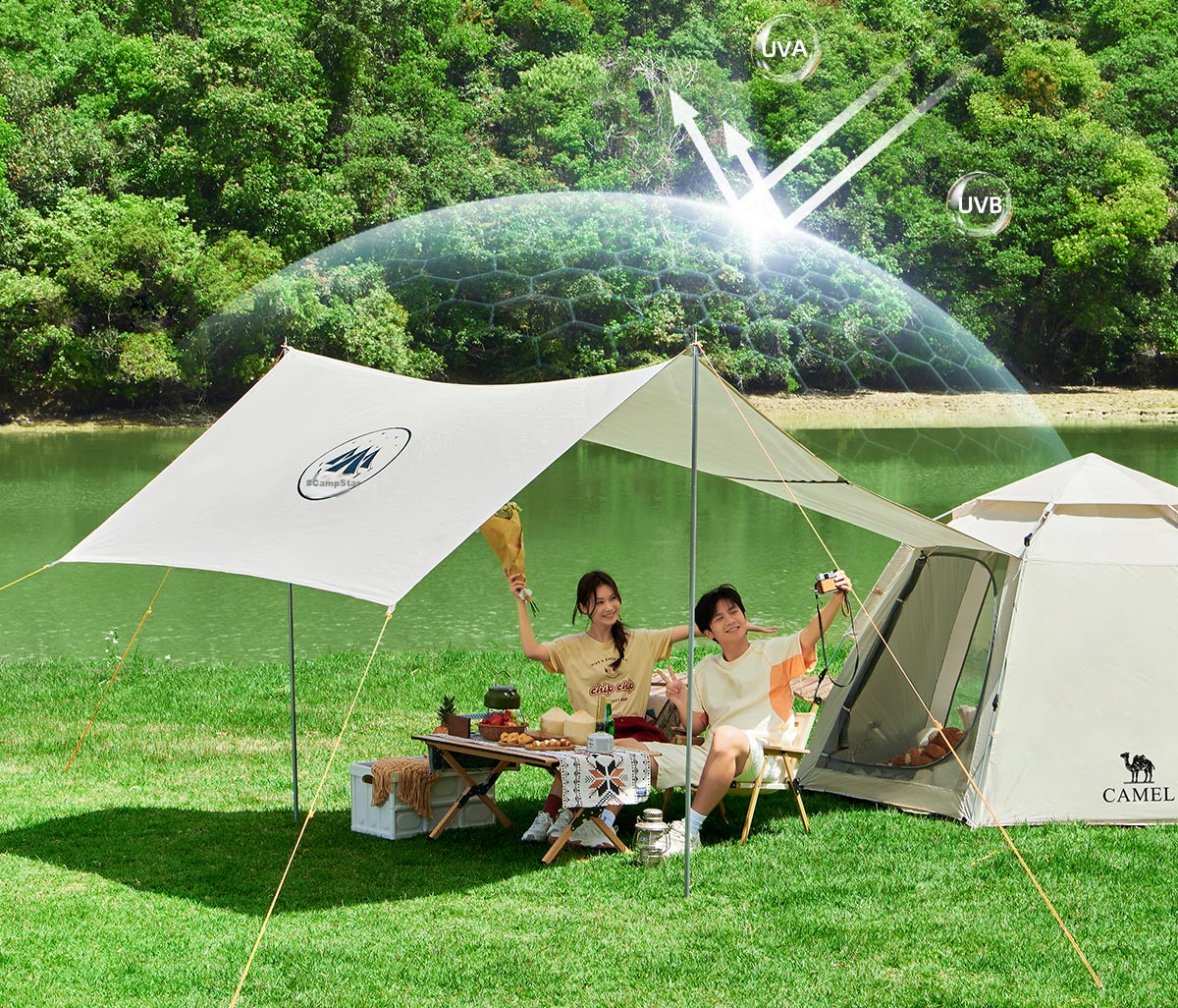 CAMEL X Outdoor Canopy Tent, Foldable Portable Hexagonal Camping Overnight Outdoor Camping Complete Set of Equipment 16