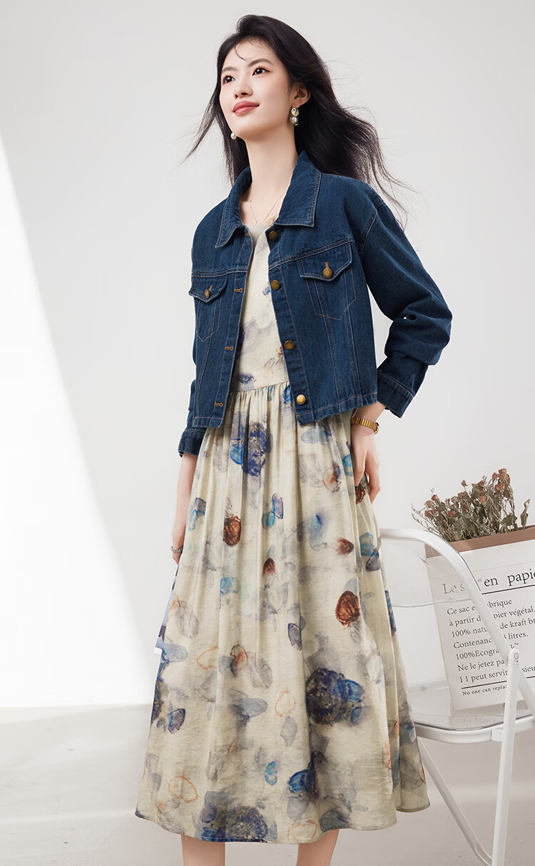 Xinfeiyu Vintage Denim Embroidered Short Jacket for Women, Spring 2026 New Stylish Versatile Printed Dress Two-Piece Set Hong Kong Style Outfit 1