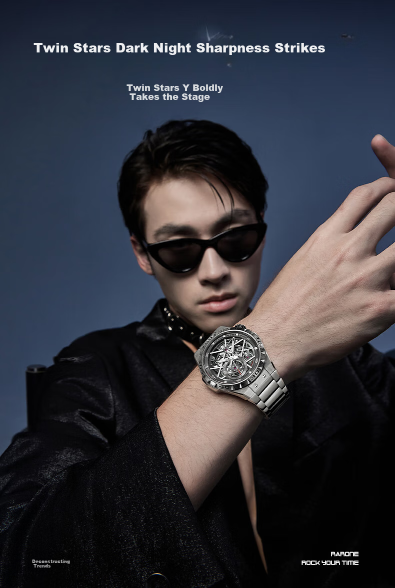 RARONE Twin Star Dark Night Dragon Mechanical Watch, Men's Skeleton Fully Automatic Wristwatch, Birthday Gift for Boyfriend 2