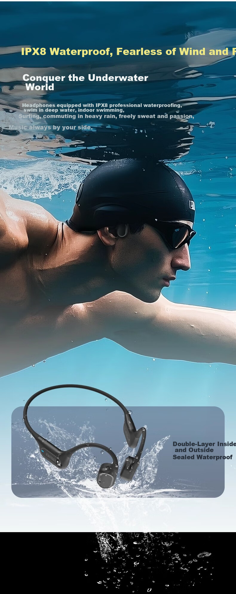 Aiwa AW51 [32GB Large Memory] IPX8 Professional Waterproof Swimming Bone Conduction Bluetooth Headphones, Underwater Sports Wireless Open-Ear Design, Sweat-Resistant 3