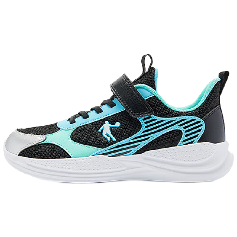 QIAODAN Boys' Running Shoes Kids' Spring Autumn Sports Shoes Hook and Loop Mesh Black/Liquid Silver Size 42