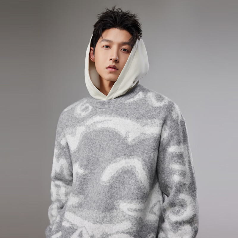 CABBEEN Faux Handwritten Jacquard Wool Blend Sweater Men Cool English Typography 2025 Winter Knitwear