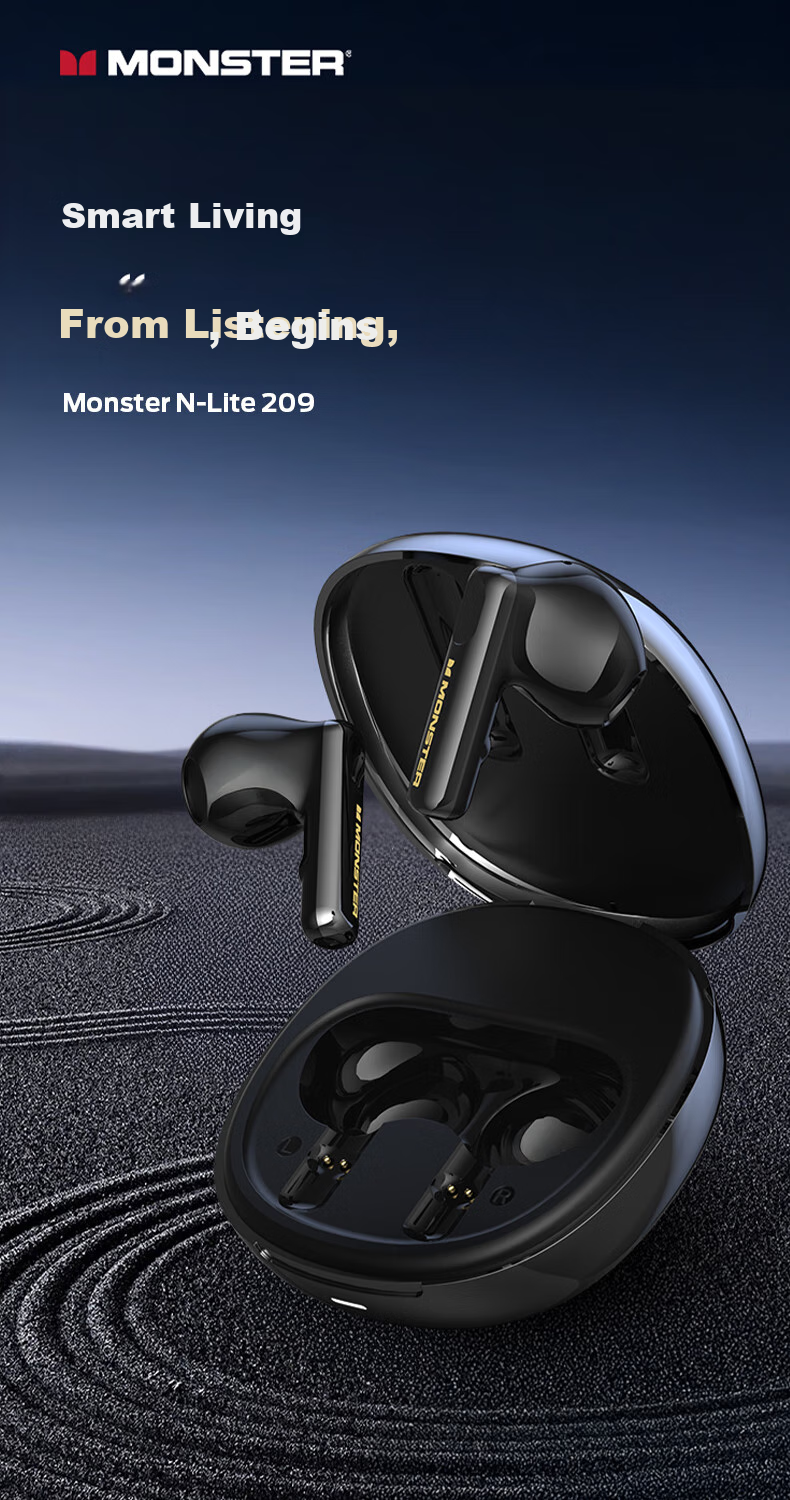 MONSTER N-Lite 217 Noise-Cancelling Semi-In-Ear Bluetooth Earphones Bluetooth 6.0 Digital Battery Display Call Noise Cancellation Long Battery Life Compatible with Apple Huawei Xiaomi Oppo White 1