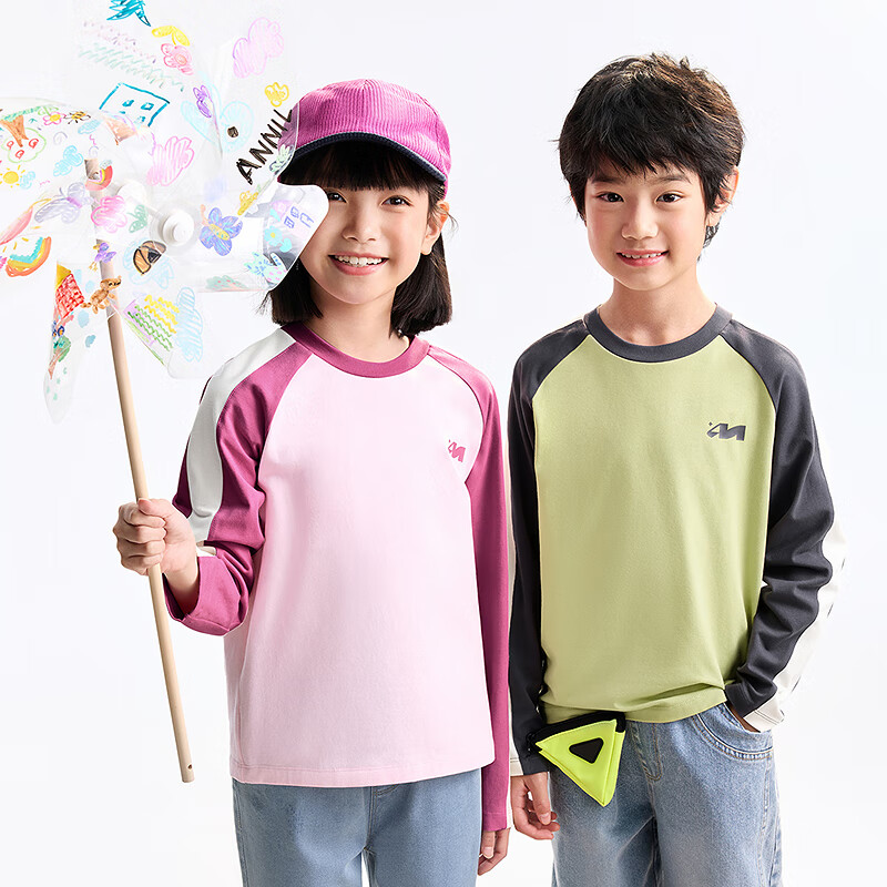 Annil Colorblock Raglan Sleeve Kids Boys Girls Crew Neck Long Sleeve T-Shirt 2025 Autumn New Basic Top