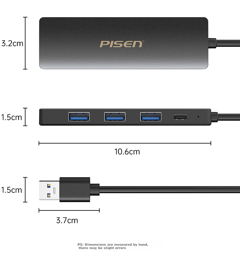 Pisen USB3.0 Hub, High-Speed 4-Port Expansion Dock, One-To Converter, Laptop Desktop Computer Keyboard Mouse Hub Extension Cable, Type-C Powered Hub 12
