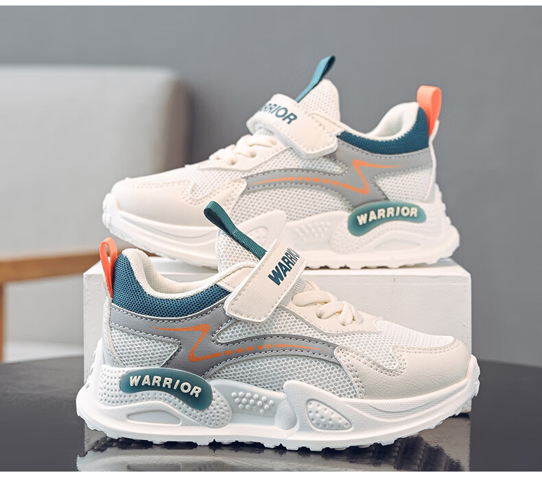Warrior Boys' Sports Shoes Spring and Autumn Mesh Breathable Running Shoes WZ(CL)-0694 Beige/Grey/Green Size 35 1