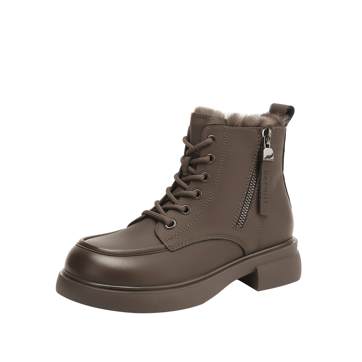DAPHNE Women's Martin Boots Autumn Winter Fleece Lined Warm Short Snow Boots Leather Velvet Brown Size 40