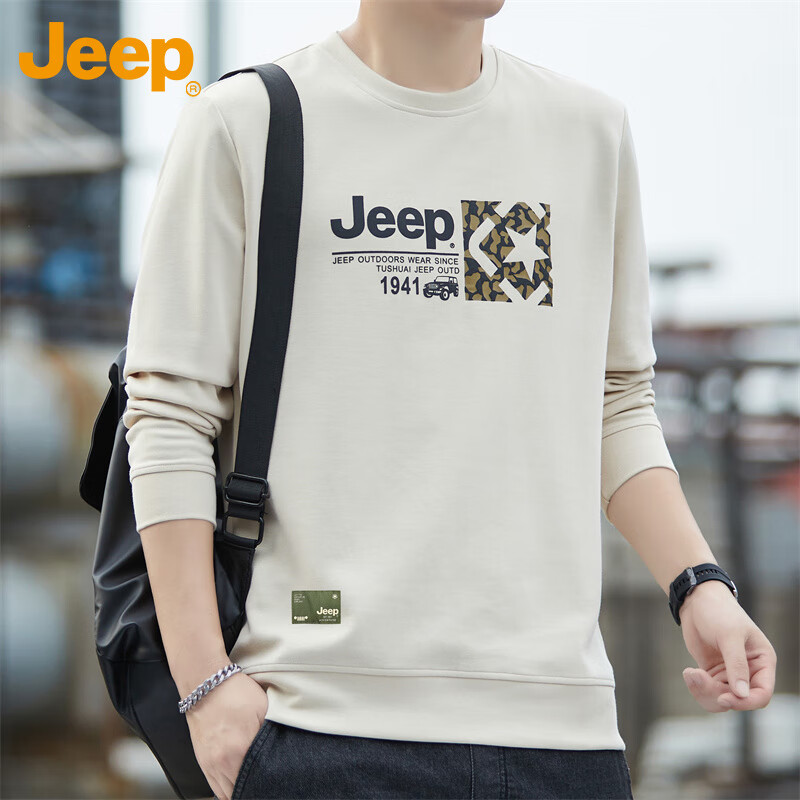JEEP Men's Sweatshirt, Spring And Autumn Round Neck Loose Long Sleeve T-Shirt, Trendy Versatile Clothing for Men, Apricot Color, XL Size