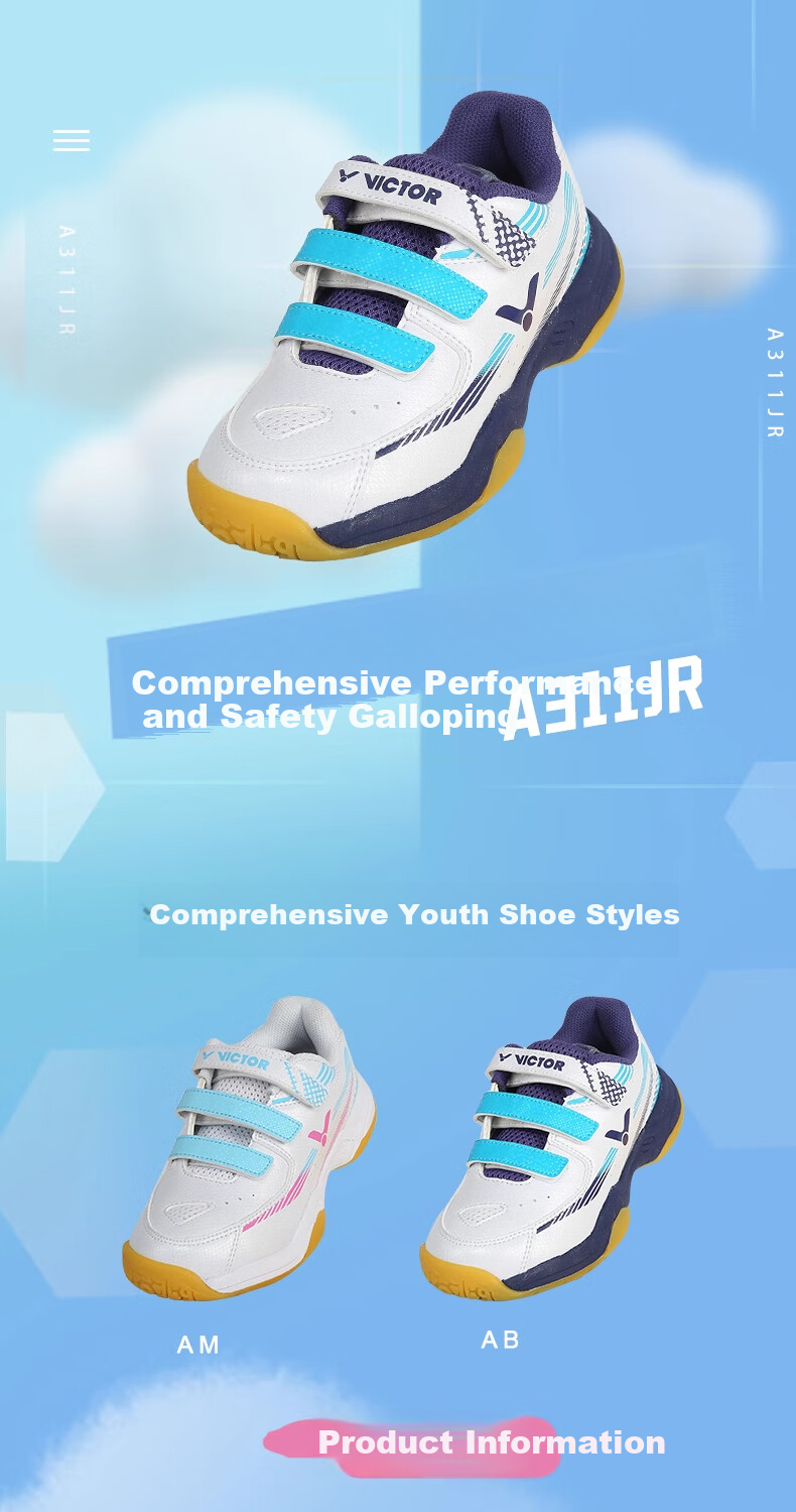 VICTOR Badminton Shoes A311JR, Non-Slip And Wear-Resistant Youth Shoes, Pearl White/Bonnie Blue, Size 34 1
