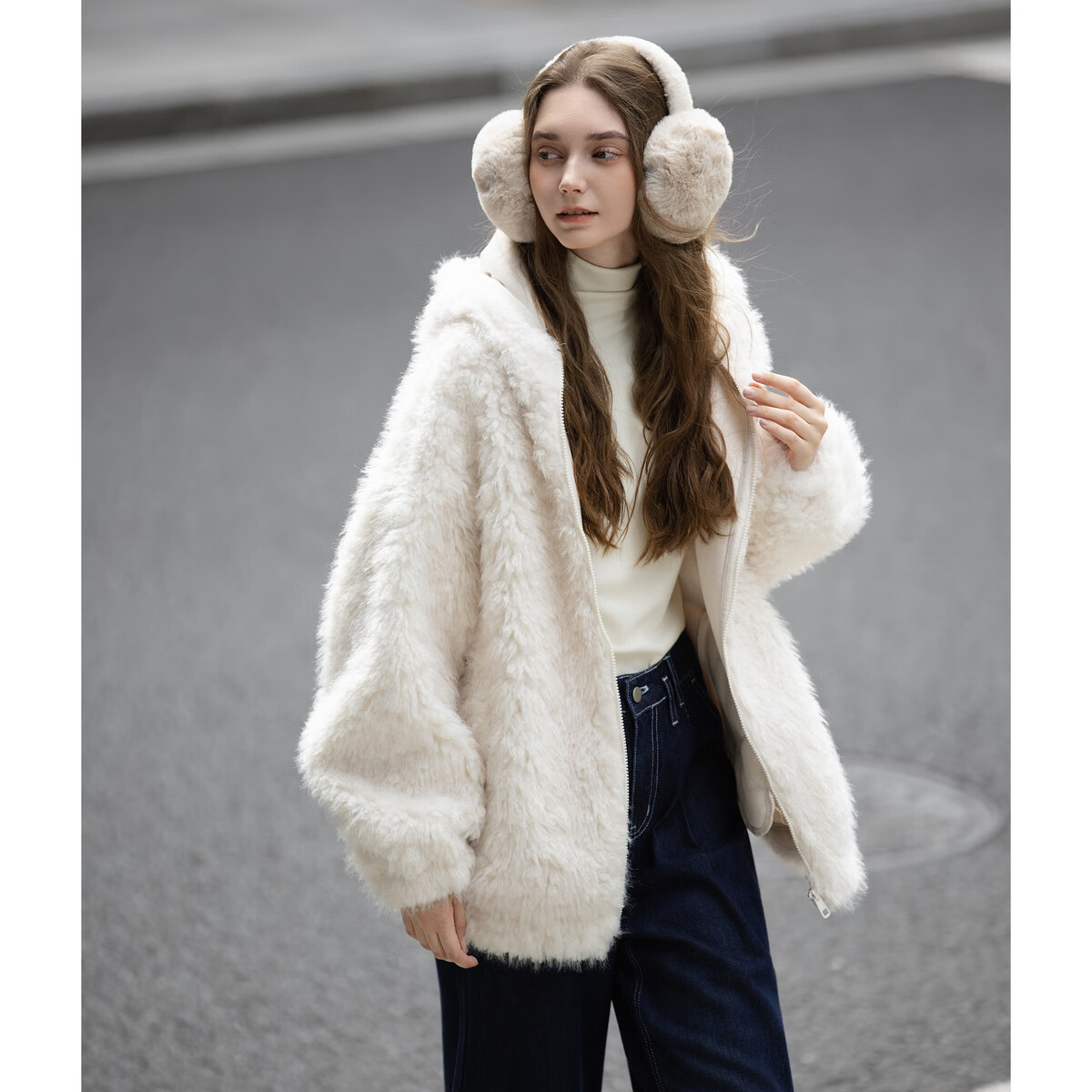 TonLion 2025 Winter New Women's Rabbit Ear Faux Lamb Wool Long Coat Healing Plush Hooded Thickened Jacket