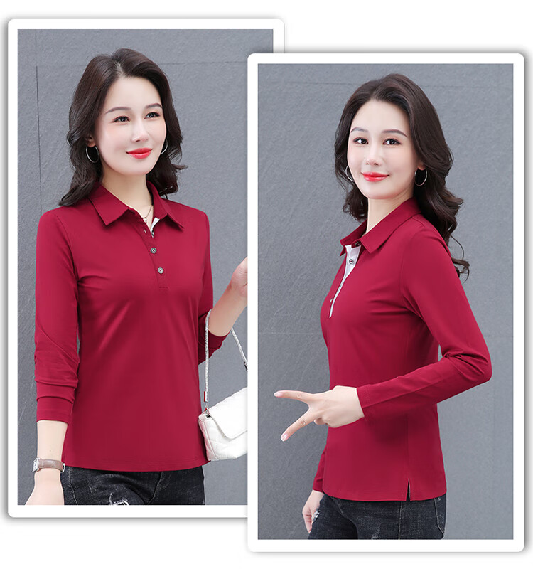 Woodpecker Women's Long Sleeve Cotton Polo Shirt, Spring Autumn New, Middle-aged Plus Size Casual Top, Gray, L 17