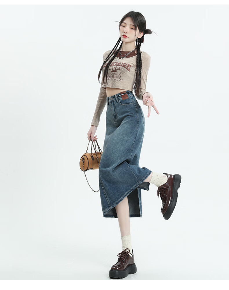 Langsha Women's Denim Skirt 2026 New High-Waist A-Line Slimming Back Slit Casual Mid-Length Pencil Skirt 18