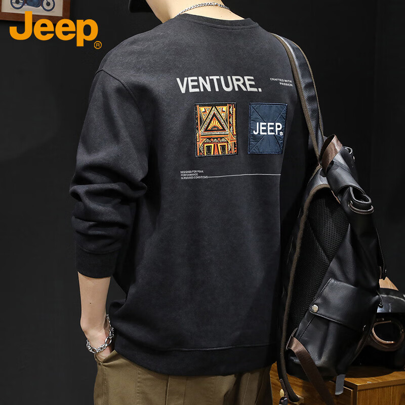 Мужская толстовка JEEP, свободная круглая горловина, длинный рукав, для осени и зимы, плотная повседневная базовая футболка, черная, размер M