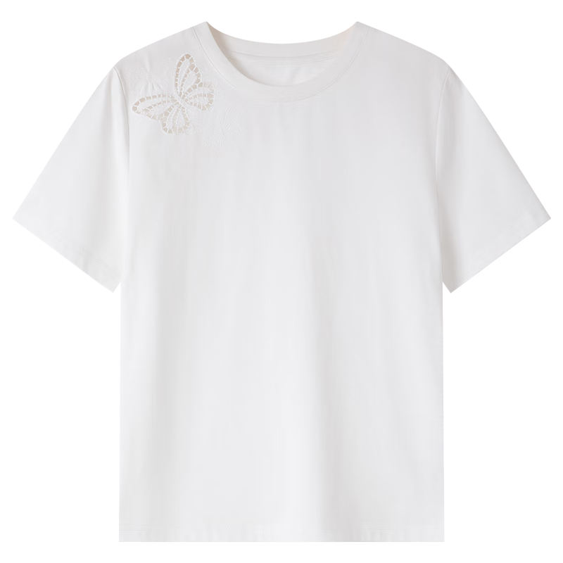 Vimly Butterfly Hollow Embroidered Cotton Short Sleeve T-Shirt Women Summer New Loose Fit Casual Round Neck Top Cloud White XL