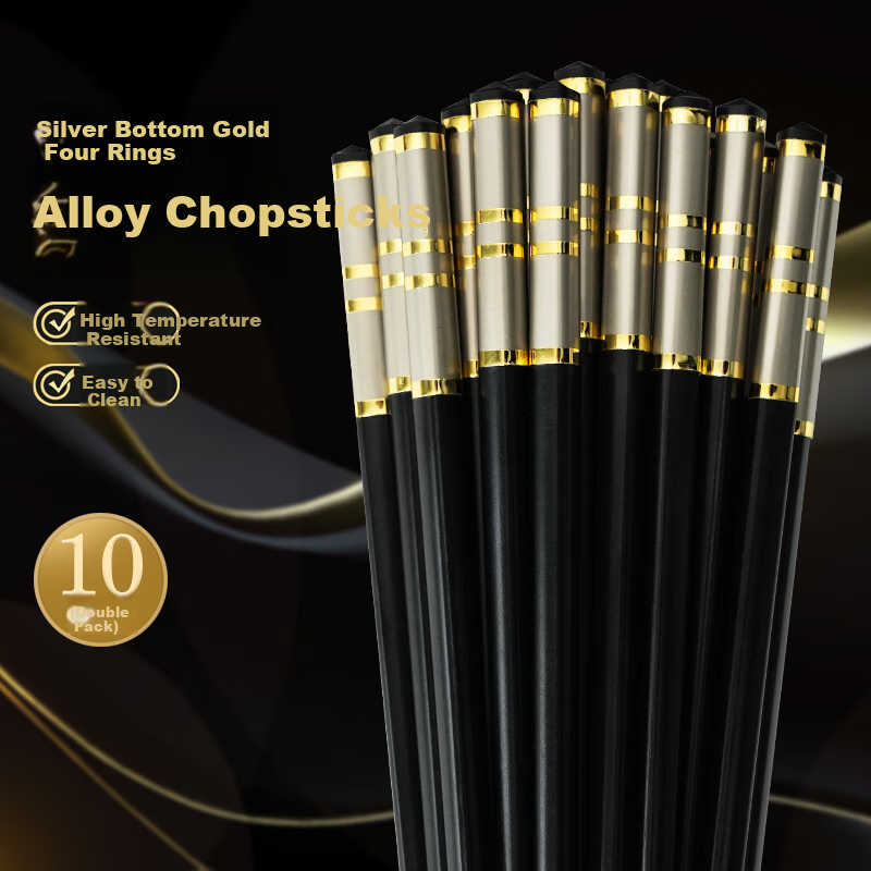Shihua Alloy Chopsticks, Stainless Steel And Mold-Resistant, 10 Pairs Set, for Home And Hotel Use, Japanese Style Chopsticks, Silver Base with Four Rings Design, 24cm