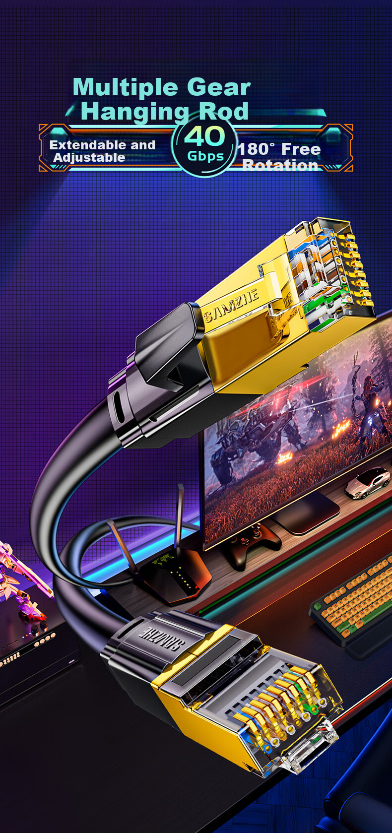 SAMZHE Cat8 Pure Copper Ethernet Cable, 10 Gigabit Shielded Network Connection Cable, Gaming E-Sports 8-Core Twisted Pair, Home Computer Patch Cable Compatible with Gigabit, 2 Meters WX8020 1