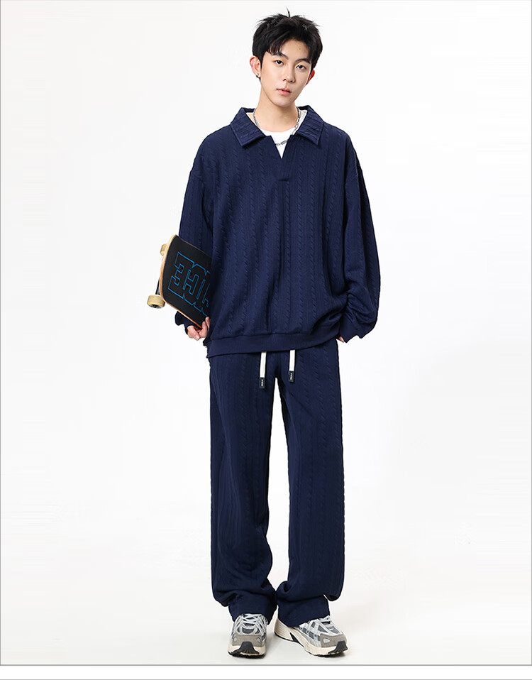 Dingfengbaoluo Men's Autumn Loose Comfortable Sports Sweatshirt and Pants Two-Piece Jacquard Casual Set XY12 Black 4XL 11