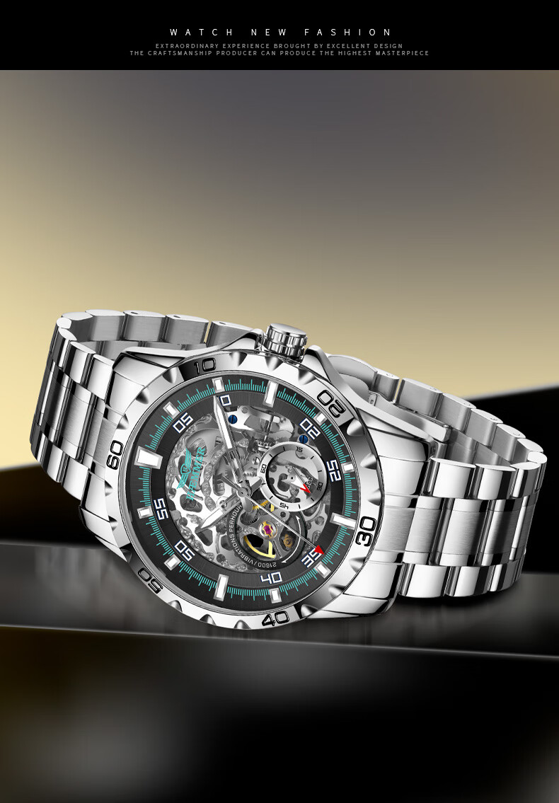 HAEMMER Men's Mechanical Skeleton Watch Fashion Steel Band Luminous Waterproof Swiss Quality Luxury Wristwatch Birthday Gift 1