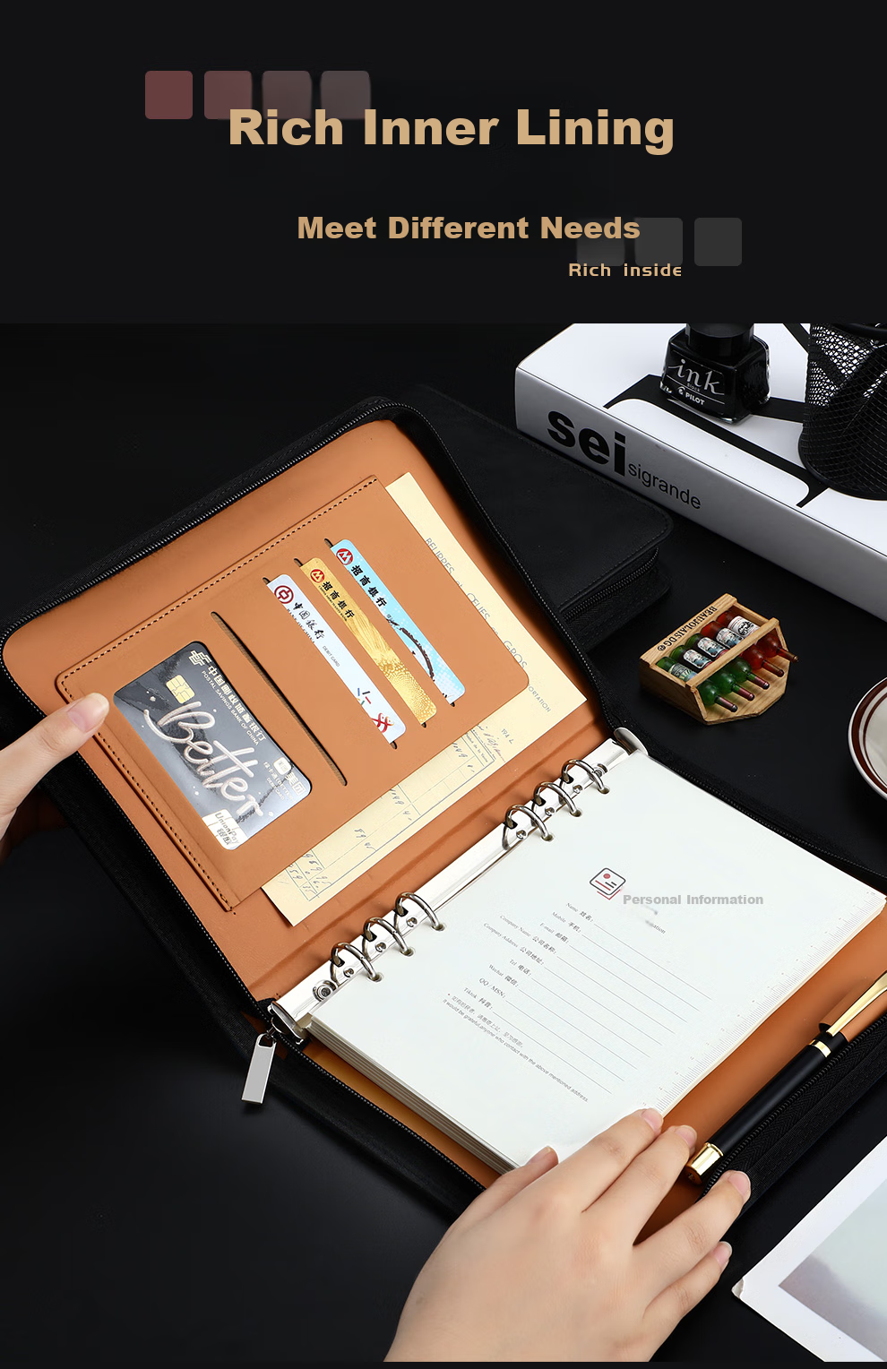 Jiaranheng A5 Business Loose-Leaf Notebook, Multifunctional Zipper Pouch, Detachable Refillable Pages, 25K Meeting Record Book, Work Diary, Black 2