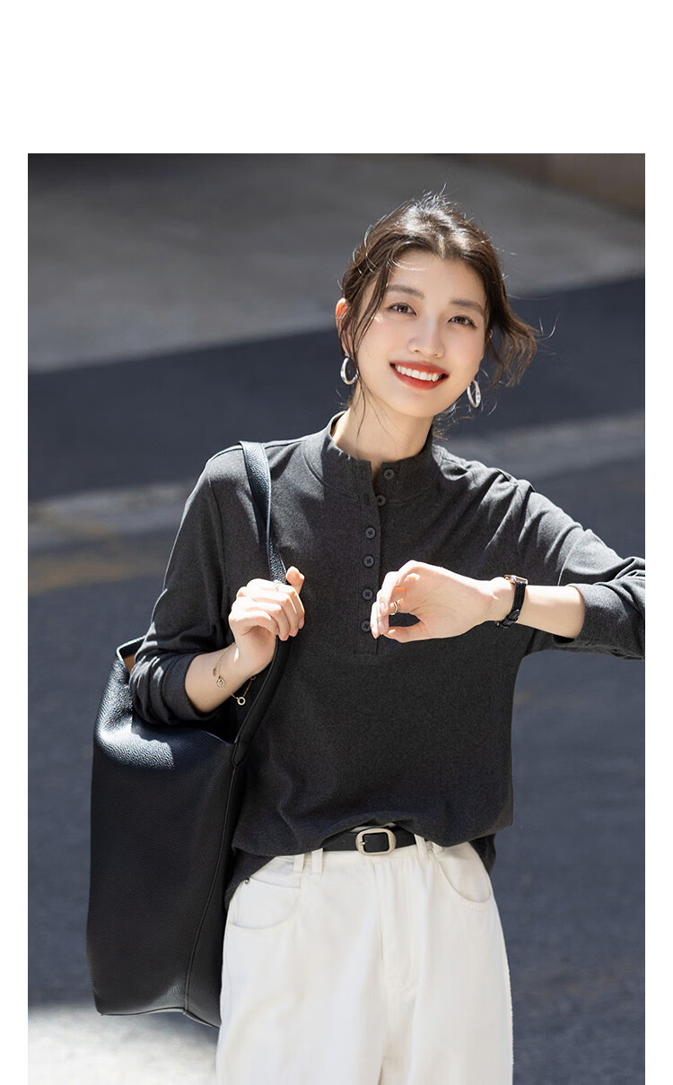 Demana 220G Thermal Warm Ginger Fleece Winter Warm Round Neck Buttoned Half-Placket Solid Color Spliced Women's T-Shirt 1