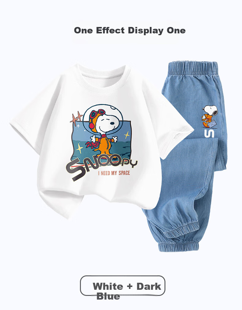 SNOOPY Girls' Short-Sleeve Set, Children's Short-Sleeve T-Shirt And Jeans 2-Piece Set, White Belle + Dark Blue Bell, Size 110 5