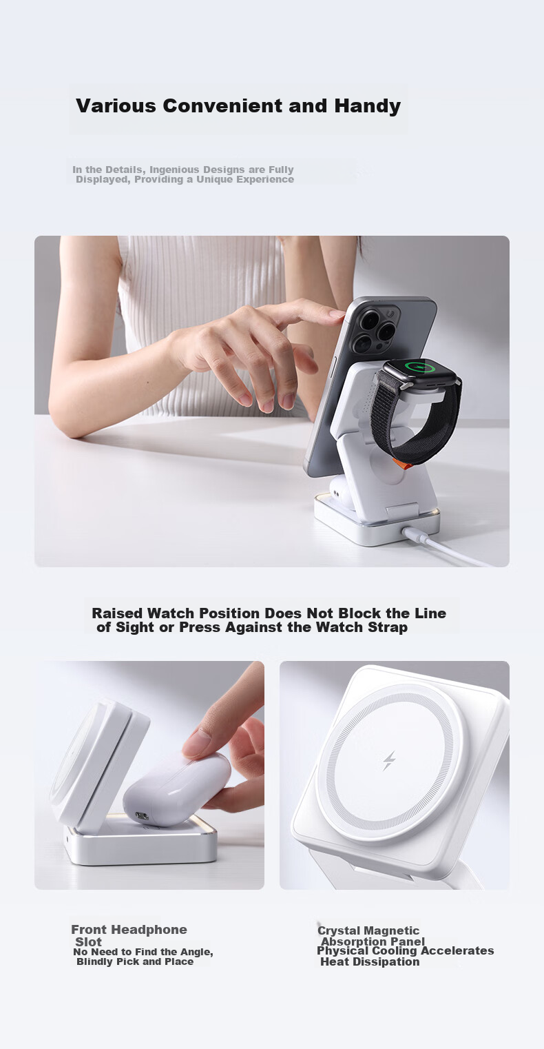 W&P Apple Wireless Charger 3-in-1 Magsafe Magnetic 15W Stand Fast Charging for iPhone 17/16 Pro Max AirPods Earphones iWatch Watch WP 8
