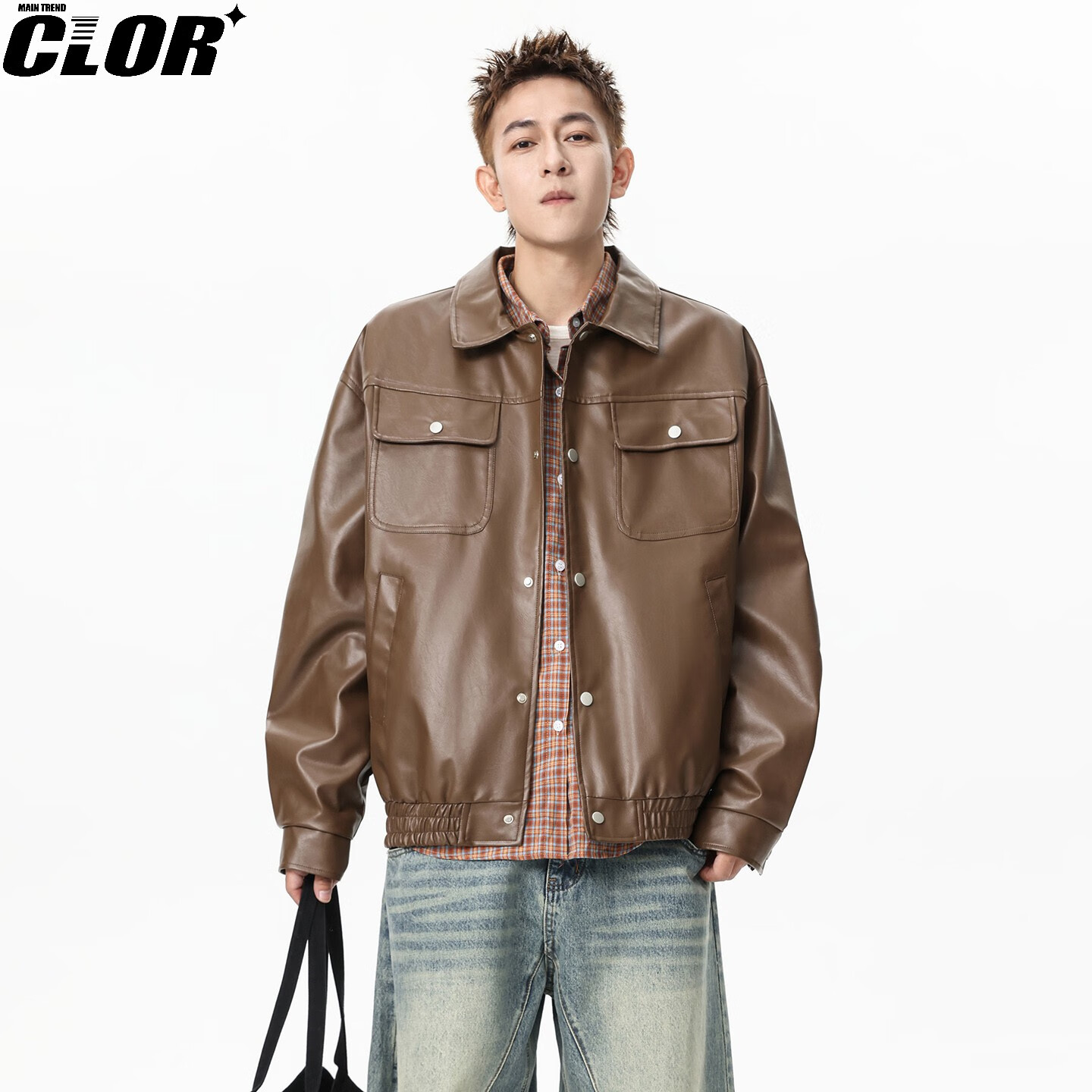 CLOR American-Style Waterproof Motorcycle Leather Jacket for Men, Spring And Summer Trendy PU Leather Jacket, Versatile Casual Outerwear, PY02 Brown, Size L