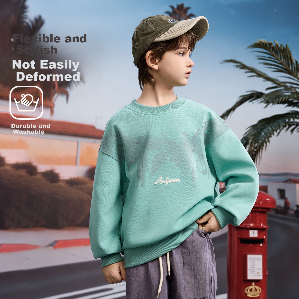 ASK JUNIOR Children's Clothing, Boys' Sweatshirt, Round Neck Long Sleeve, Autumn Pullover, Casual Versatile Top, Green, Size 120
