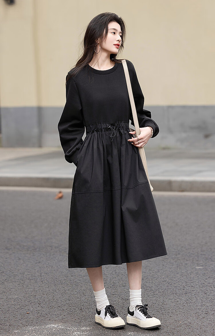 Demana [Spade Contract] Spring 280G Air Layer Elastic Waist Ruched Patchwork Relaxed Fit Women's Dress 6