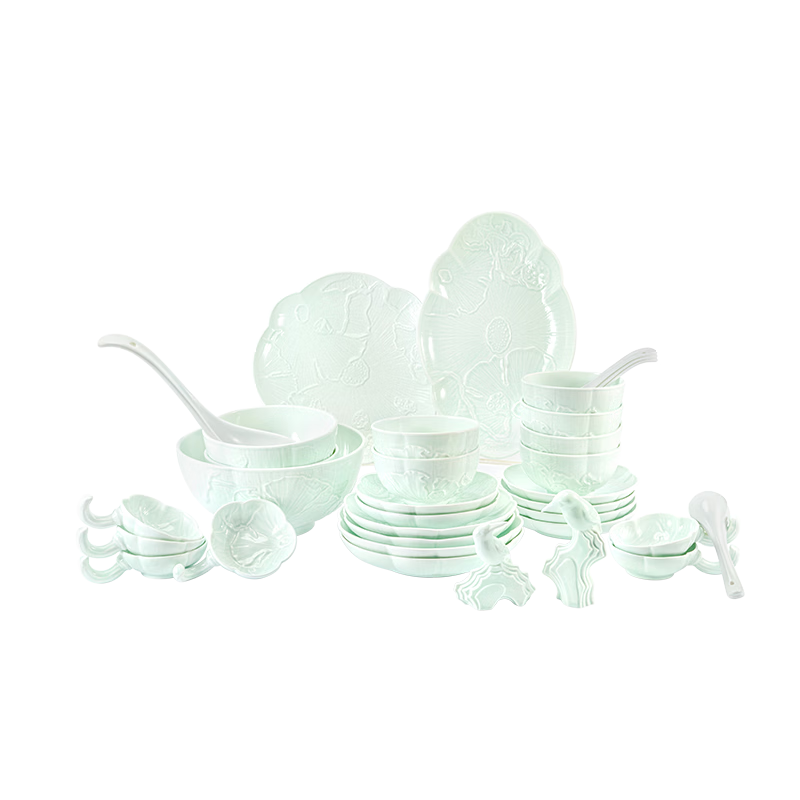 Magolont He and Qinglian Light Luxury Tableware Set Underglaze Color Tableware Bowl Plate Yingqing Embossed 36-Piece 6-Person Dinnerware Set