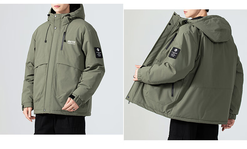 MARK FAIRWHALE Men's Cotton Padded Jacket Autumn Winter Thickened Hooded Coat Warm Puffer Jacket Light Army Green L 10