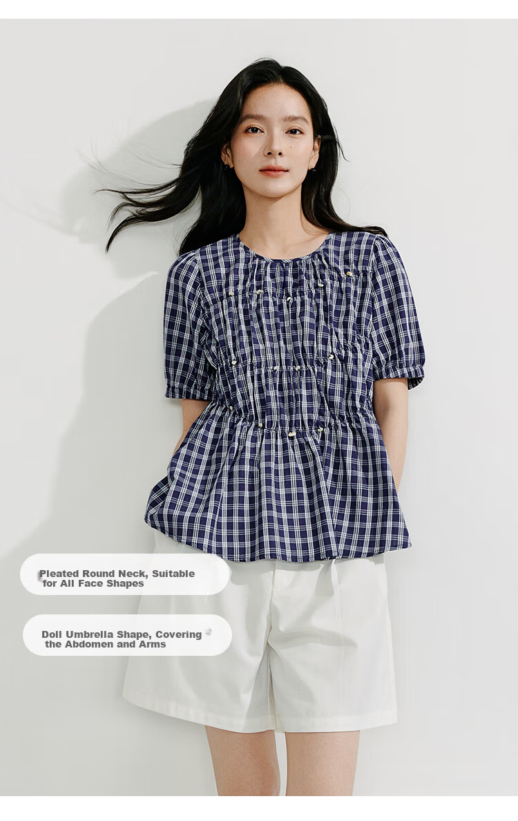 INMAN French Plaid Dress Summer Women's Versatile Puff Sleeve A-Line Skirt Navy Blue S 6