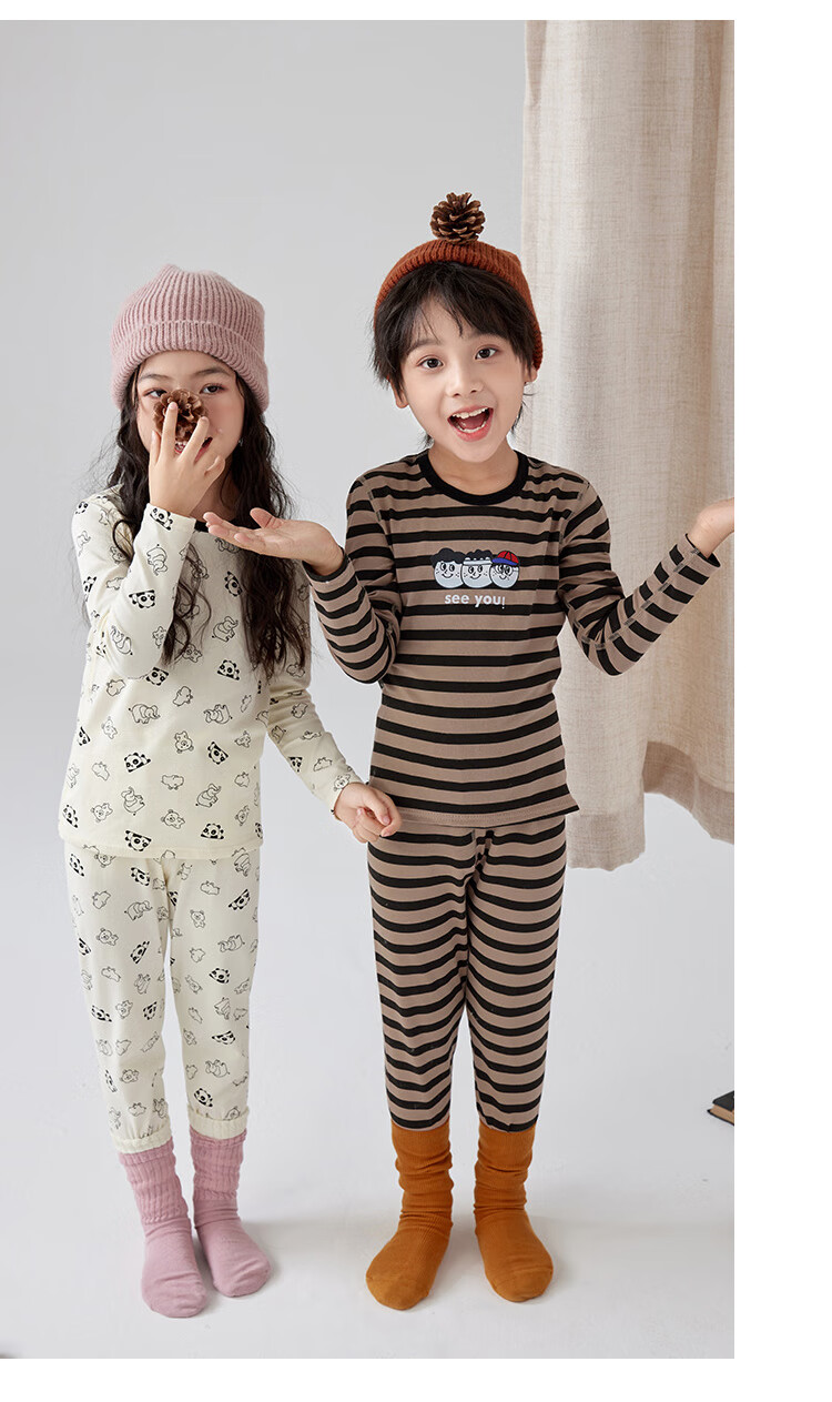 XUEXIMAN Kids Cotton Antibacterial Thermal Underwear Set Boys Girls Baby Warm Pajamas Homewear 2