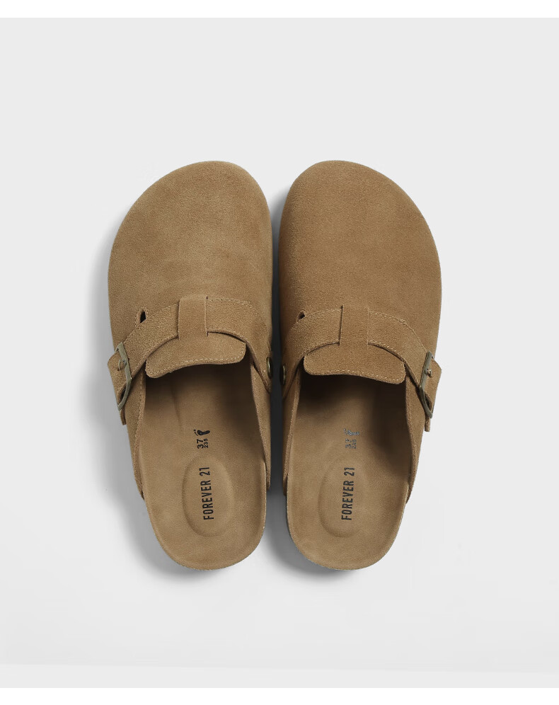 FOREVER21 Women's Leather Slippers Spring Autumn Birkenstock Style Thick Sole Slip-On Half Slippers Khaki Size 36 2