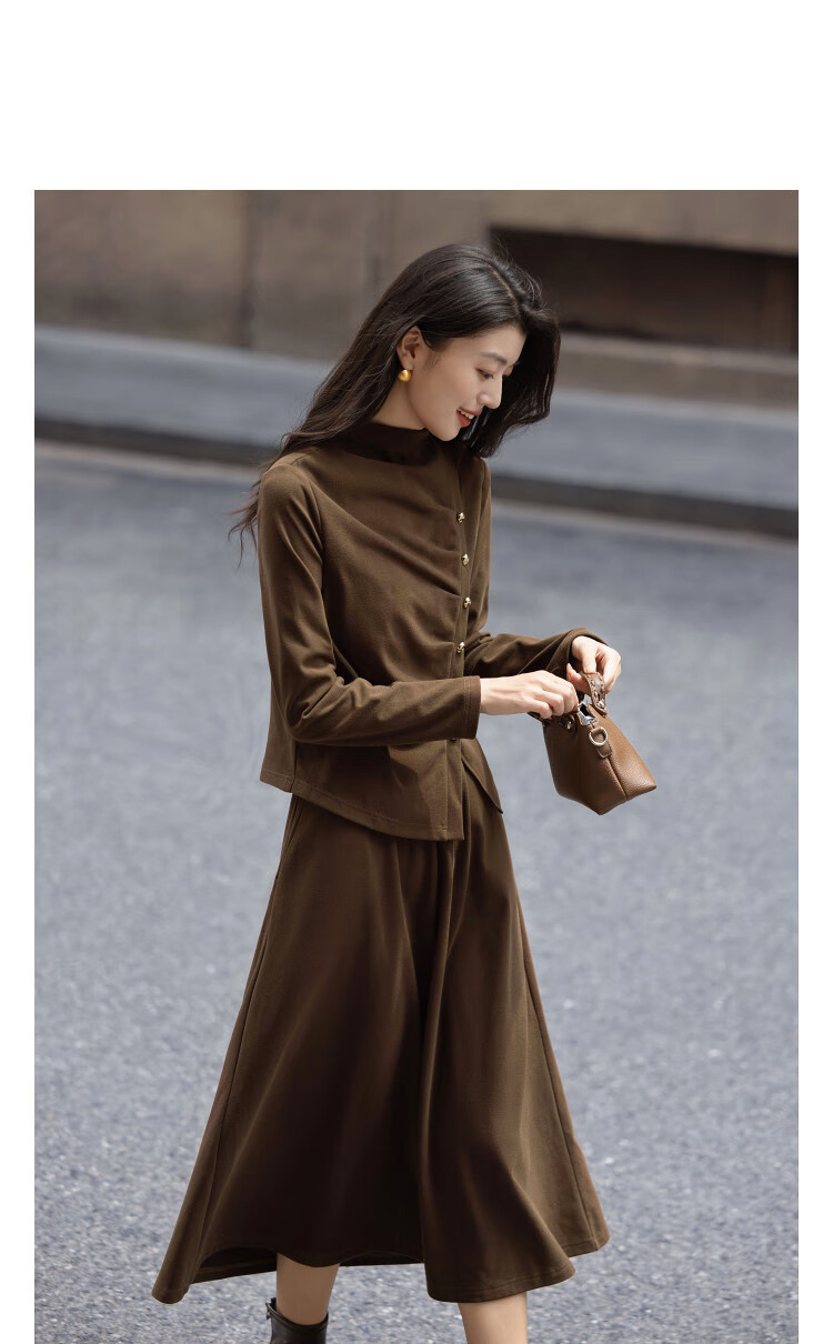 Demana Warm Thermal Set Autumn Elegant Half Turtleneck Pleated Button Top Elastic Waist Midi Skirt Two-Piece Set 1