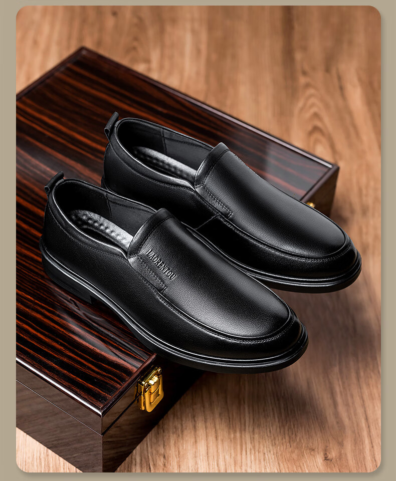 LAORENTOU Men's New First Layer Cowhide Breathable Non-slip Slip-on Middle-aged Business Casual Leather Shoes LA215 Black Size 40 11