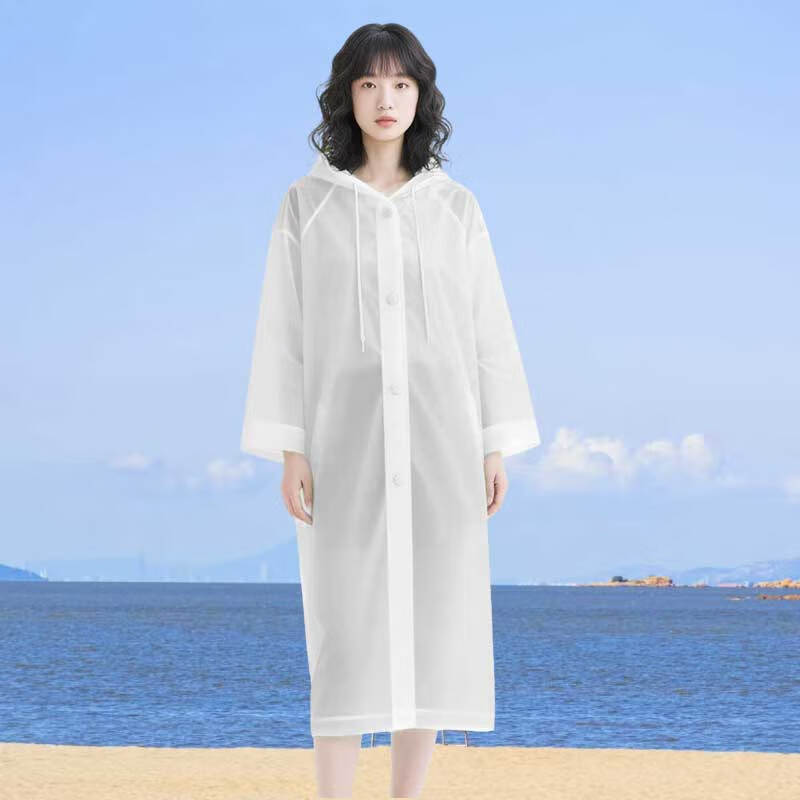 Laobaojia Unisex Hooded Long Coat Style Raincoat Lightweight EVA Outdoor Long Coat Raincoat White