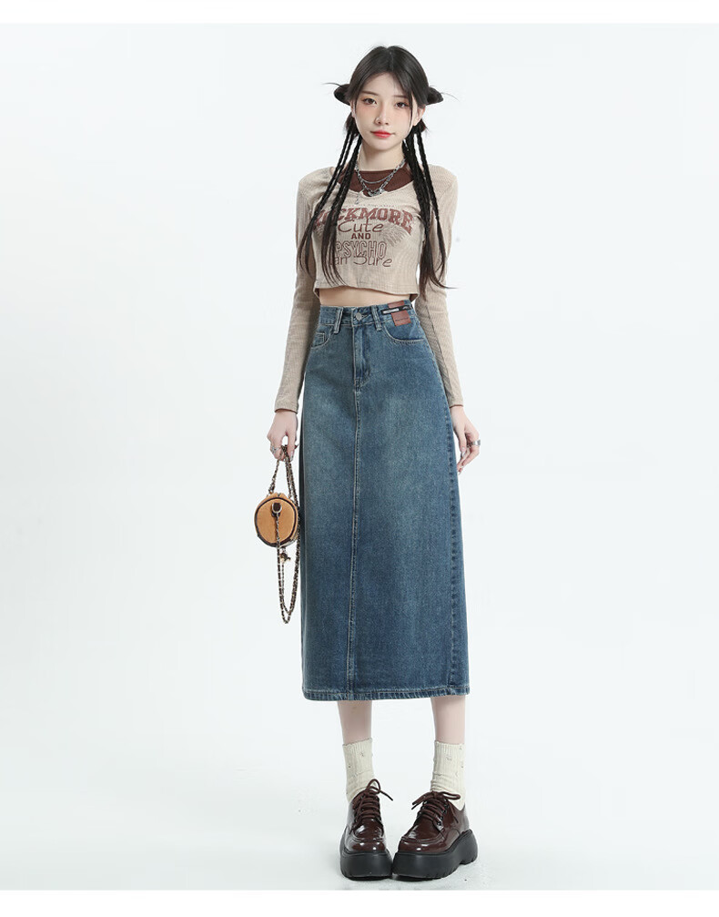 Langsha Women's Denim Skirt 2026 New High-Waist A-Line Slimming Back Slit Casual Mid-Length Pencil Skirt 12